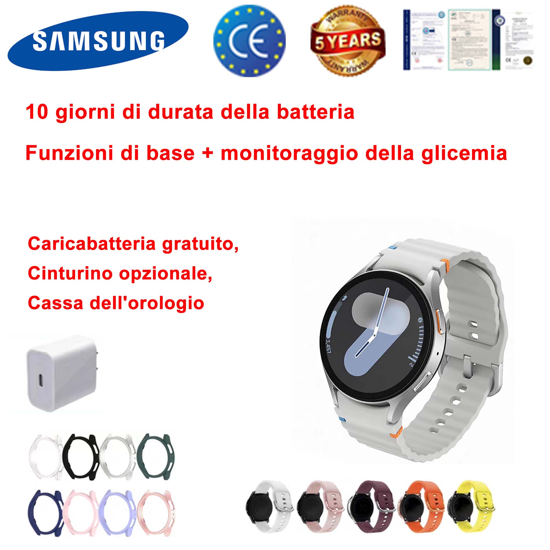 [Modello aggiornato] Orologio sportivo Samsung Galaxy, viene fornito con caricabatterie + cinturino + custodia protettiva per orologio, incluse funzioni di base, 10 giorni di durata della batteria, chiamate Bluetooth e monitoraggio della glicemia