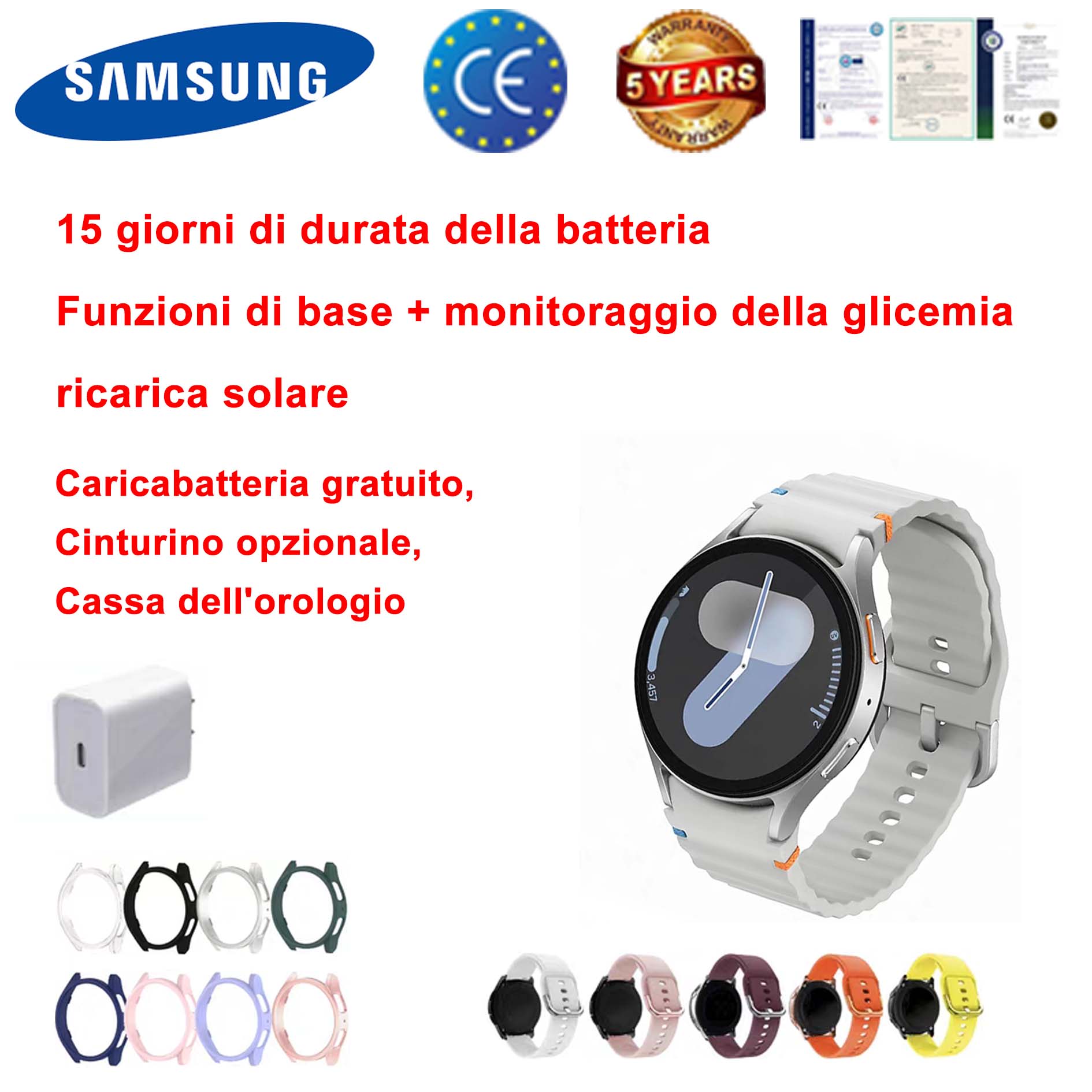 [Modello Premium] Orologio sportivo Samsung Galaxy, viene fornito con caricabatterie + cinturino + custodia protettiva per orologio, comprese funzioni di base, 15 giorni di durata della batteria, chiamate Bluetooth, monitoraggio della glicemia, ricarica solare, monitoraggio della salute intelligente AI